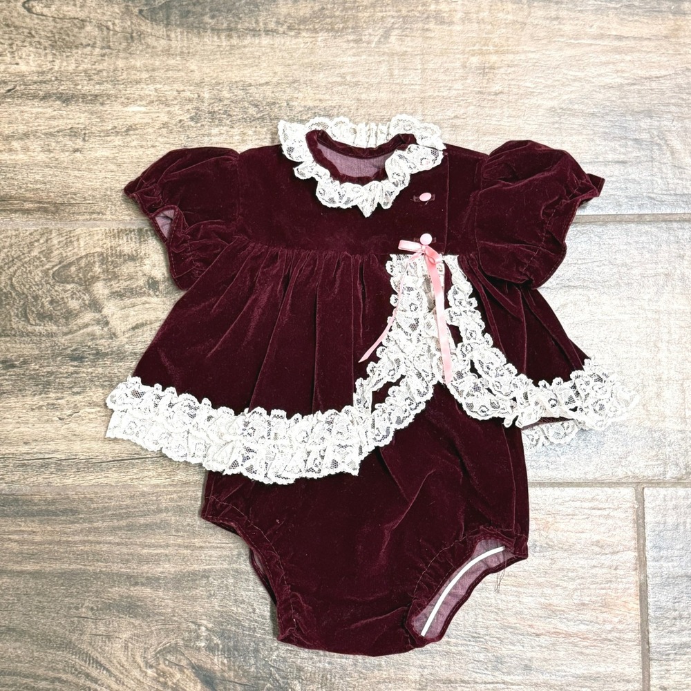 Jo Lene Vintage Baby Victorian Whimsigoth Velvet Lace Set, Burgundy, 0-6 mo